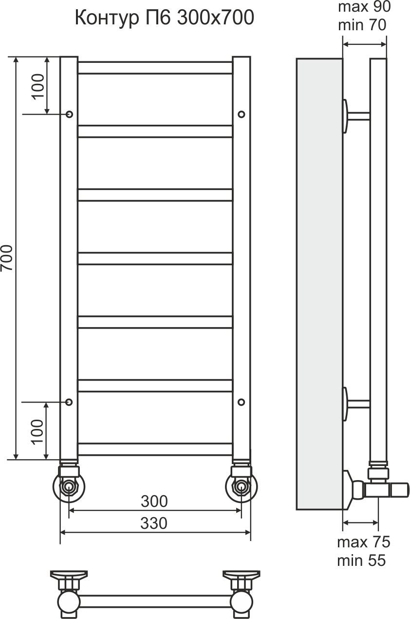 4660059582429 СТАНДАРТ Контур П6 300х700 Полотенцесушитель TERMINUS RAL 9003 матовый - Вид №2