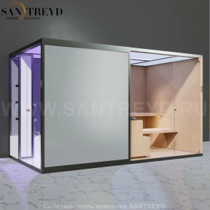 Effegibi BODYLOVE SH BL45140008 Боковая комбинированная баня: хаммам и сауна. Установка: к стене. Мощность: 15 кВт макс. Размеры: длина 393 см, ширина 176 см. Отделка: канадский хемлок, трубчатое стекло и гладкое стекло.