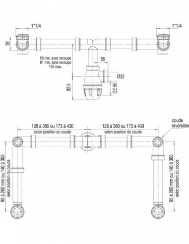 611200 001 00  Компактный соединительный патрубок Connectic для умывальника с 2 чашами, регулируемый, NF, Д. 40 мм, двухкомпонентный Valentin Белый  - Вид №3