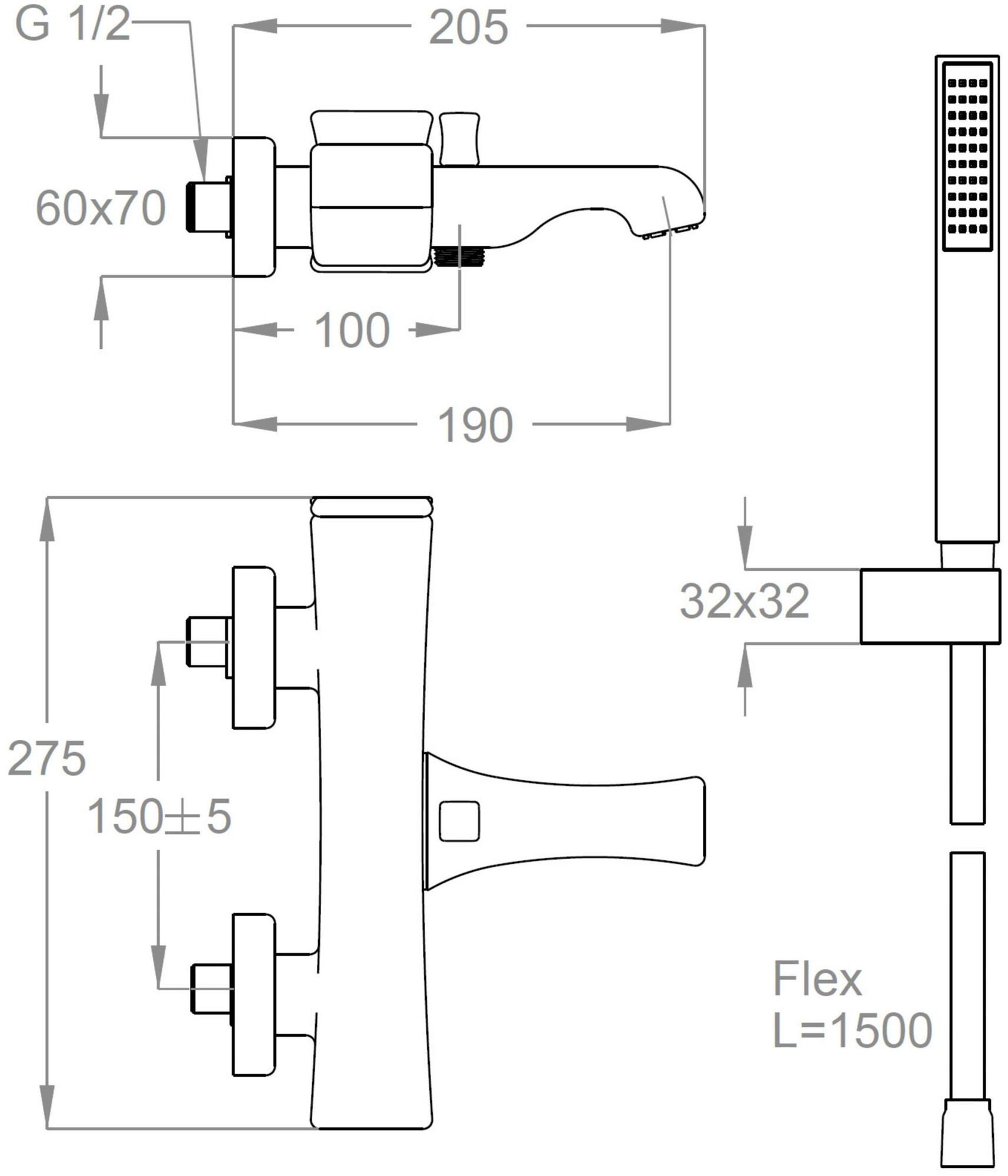 Fir Italia Смеситель для ванны настенный из латуни с ручным душем Déco 87 8734017 - Вид №1