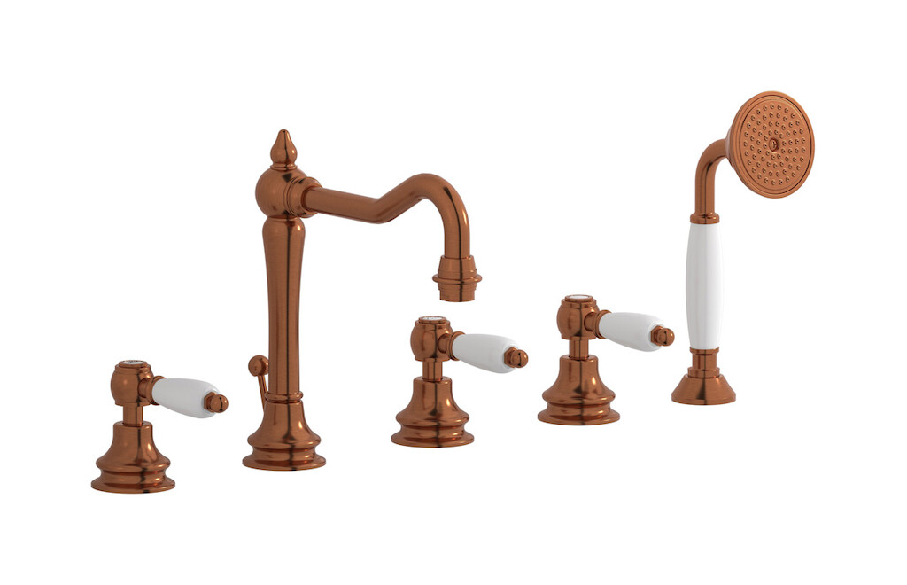 Смеситель на бортик ванной на 5 отверстий с дивертером и душевым гарнитуром. WE ARE IB hl396rr_2 Antique Copper Hermes