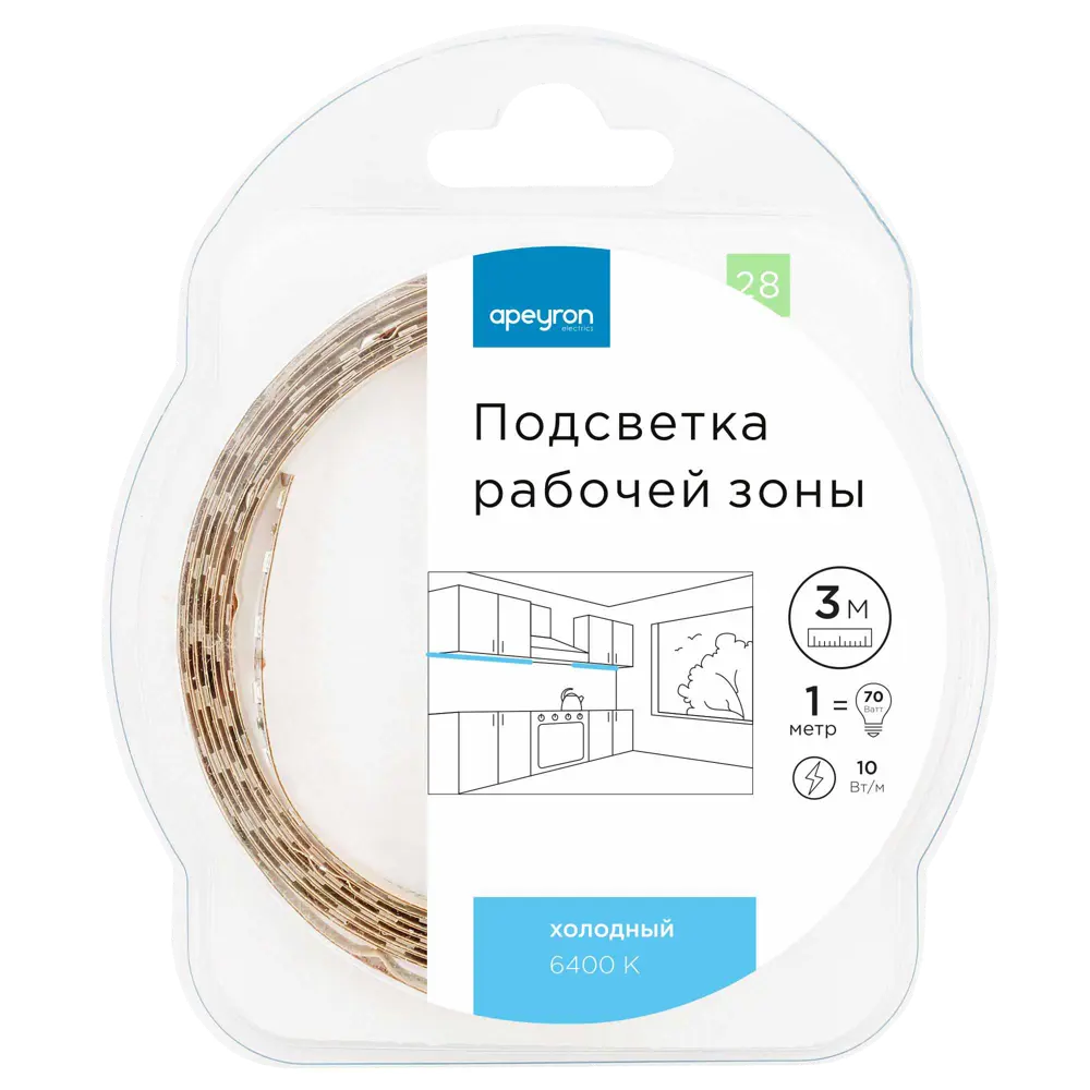 Светодиодная лента для подсветки рабочей зоны Apeyron SMD5050 12В 10мм 3м 10Вт/м 60диод/м 700лм/м 6500К холодный свет 18709341 STLM-2093463  - Вид №5