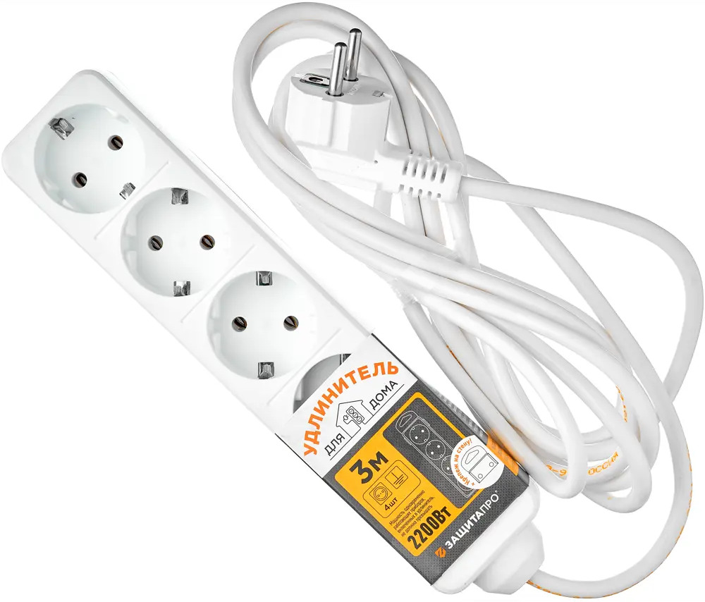 Удлинитель Защита Про с заземлением на 4 розетки, 3 метра 82741172
