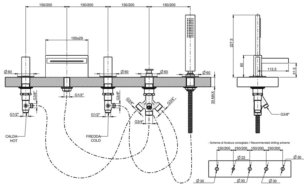Смеситель для ванны с водопадом на 5 отверстий с переключателем Rubinetterie Frattini Vita Due ARCH-00127988 - Вид №1