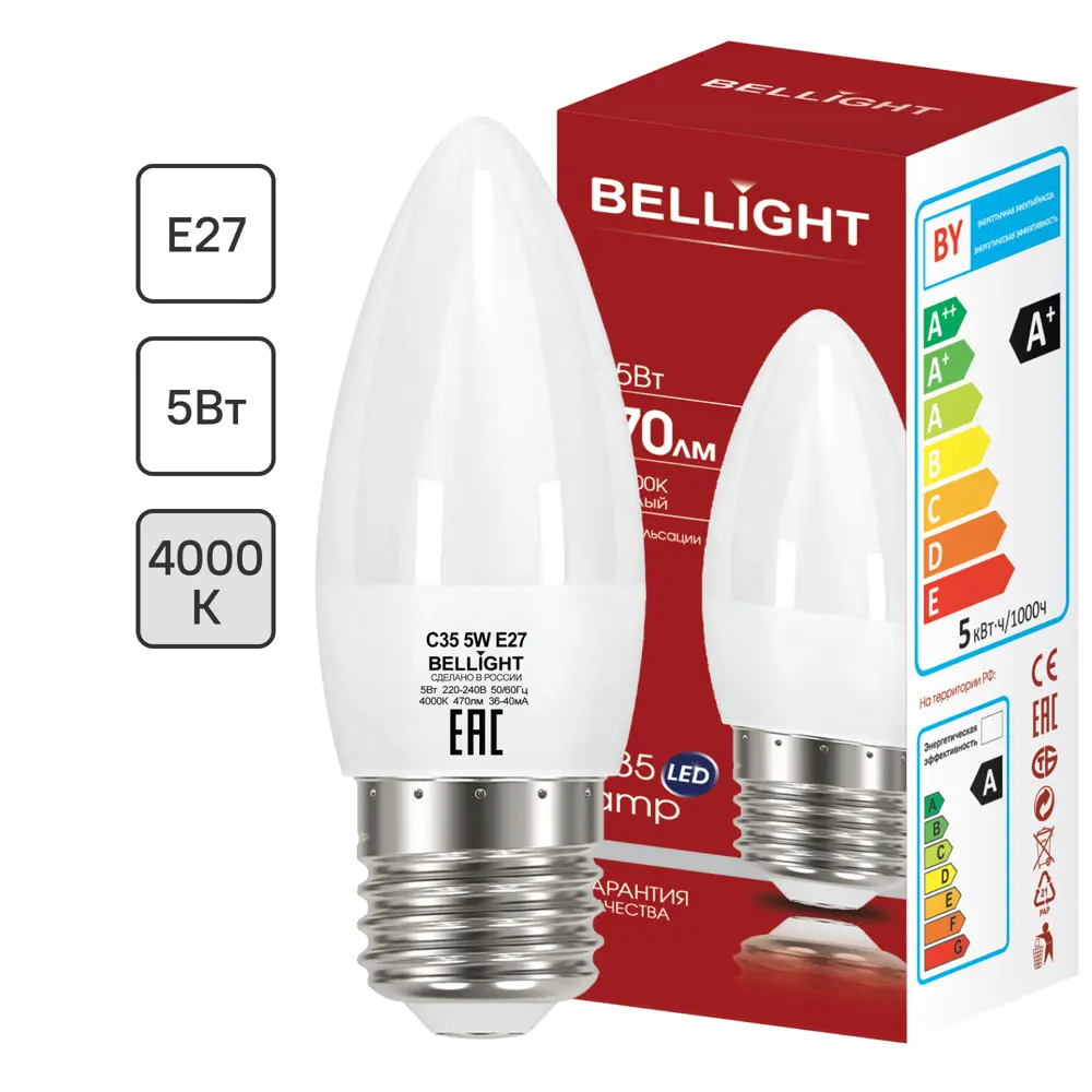 BELLIGHT Светодиодная лампа E27 свеча 5Вт теплый белый свет 86170857 STLM-0066654