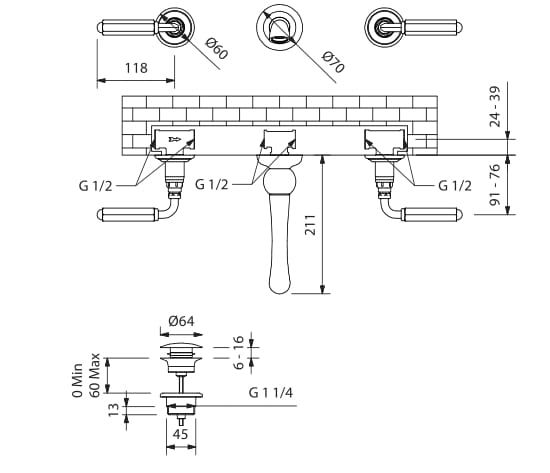 Настенный смеситель для раковины с 3 отверстиями с отдельными розетками Park Avenue Dark White ARCH-00127245 - Вид №1