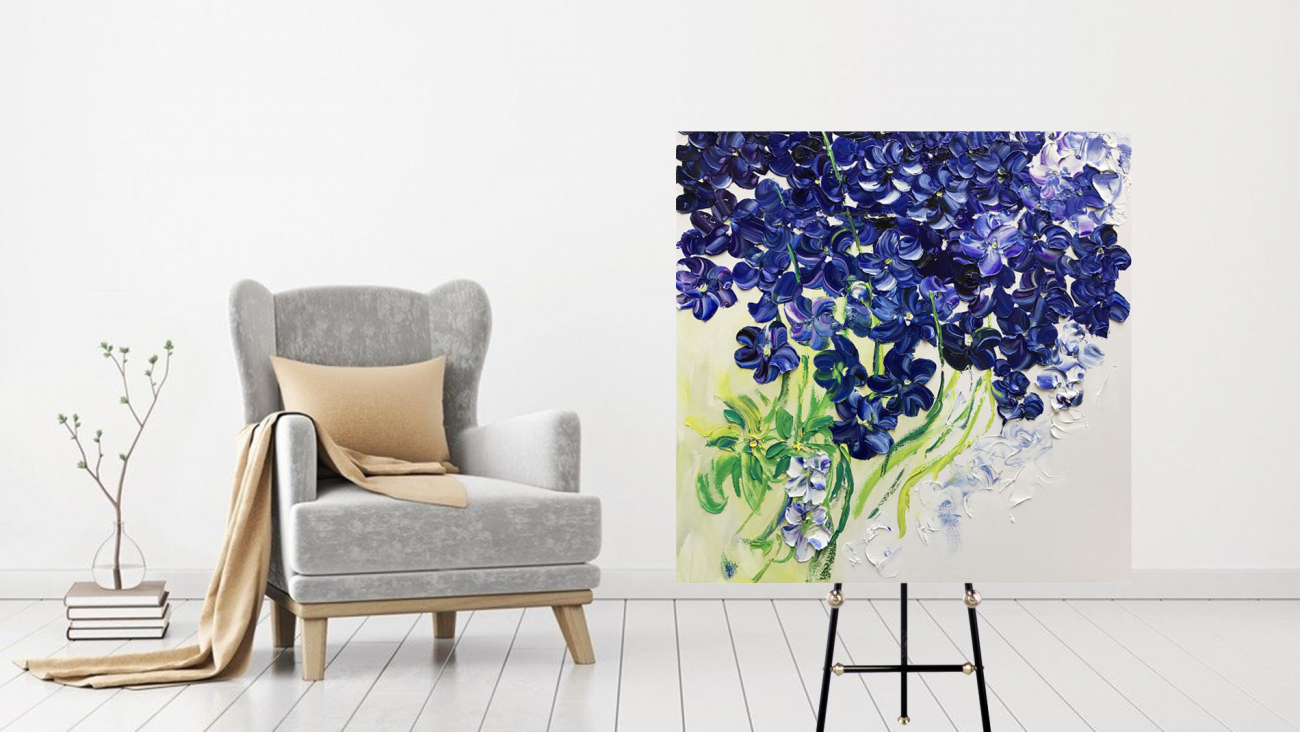 Картина на холсте 100х100 см "Синие орхидеи" EVENHOME КАРТИНЫ МАСЛОМ 130025 Бежевый;зеленый;синий;разноцветный  - Вид №1