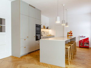 Линейная линолеумная секционная кухня с островом