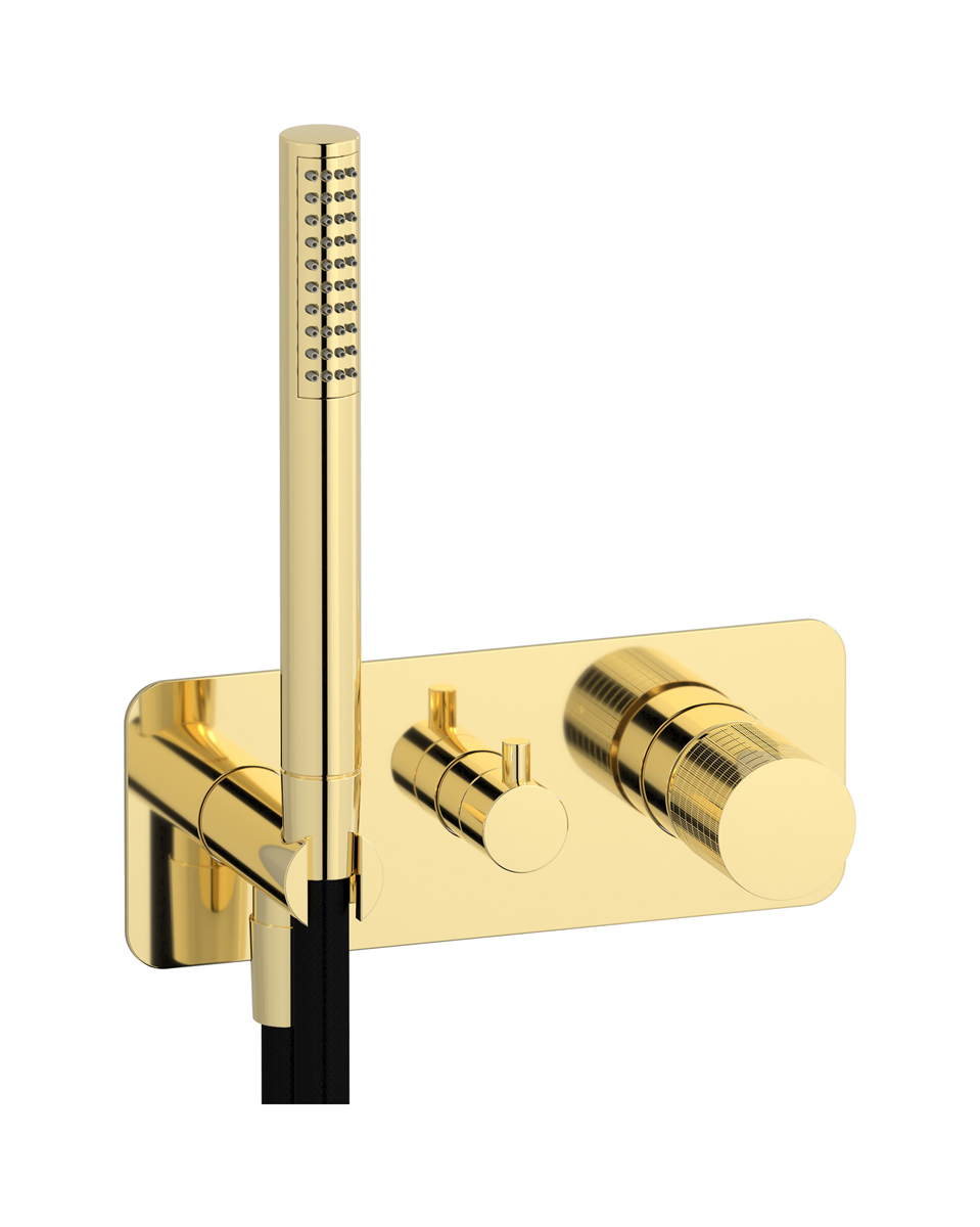 Внешние части встроенного в стену смесителя на 2 потребителя в комплекте с душевым гарнитуром. WE ARE IB ga313ii Pale Gold Gatsby