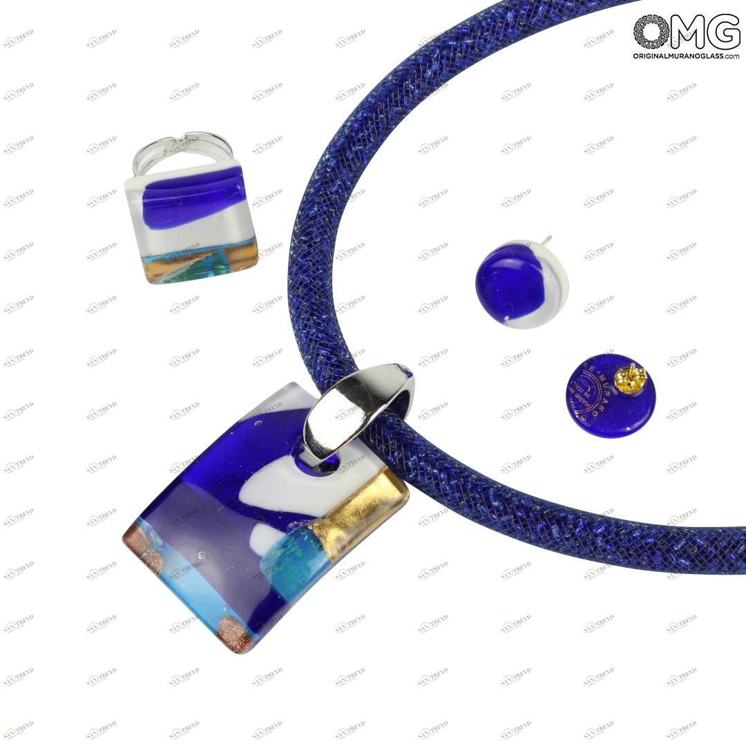 2115 ORIGINALMURANOGLASS Набор украшений Cortina сине-золотой из муранского стекла 54 см 