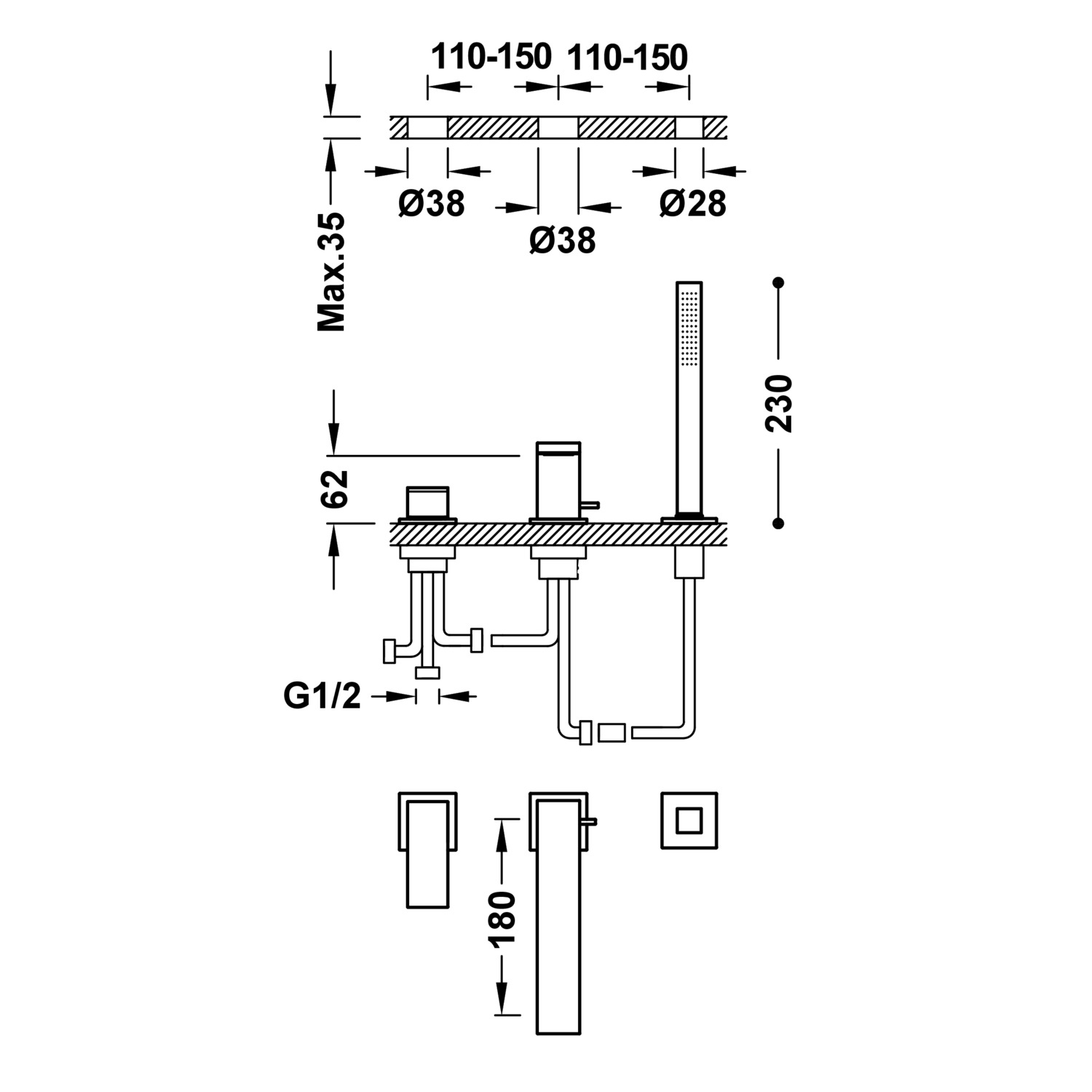 Смеситель для ванны CUADRO с одной ручкой -00616105 TRES  - Вид №1