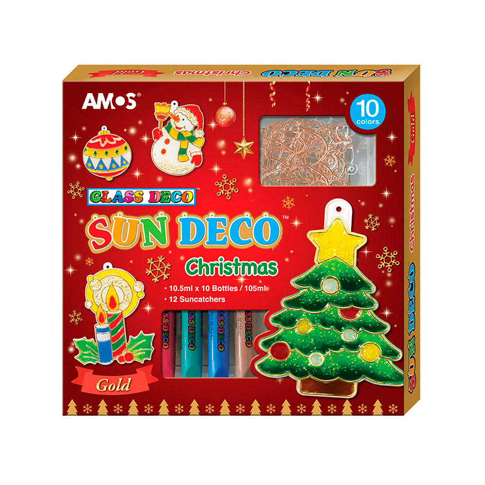 22939 Набор витражных красок с витражами "Новогодний 2", 10 цветов по 10,5 мл., 12 мини-витражей 1/12 AMOS 