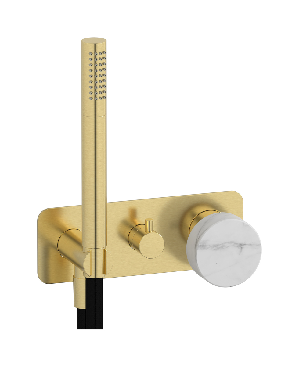 Внешние части встроенного в стену смесителя на 2 потребителя в комплекте с душевым гарнитуром. WE ARE IB mr313is_1 Brushed Pale Gold Marmo