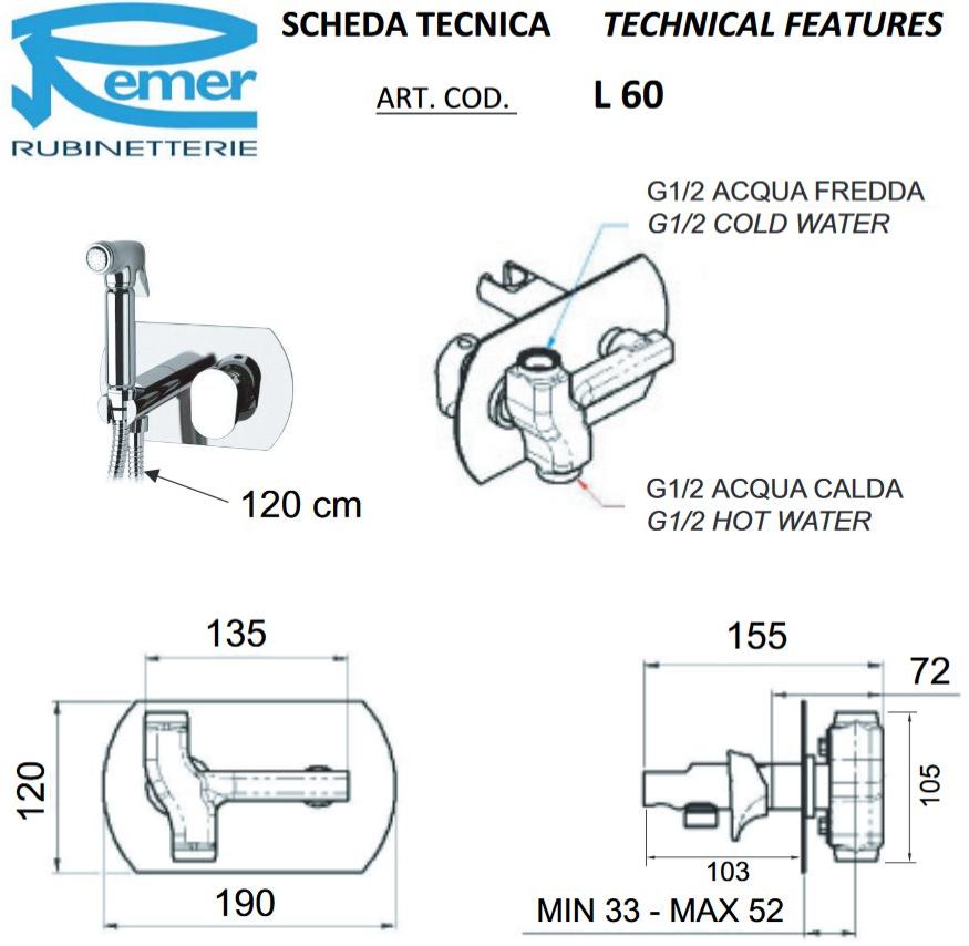Remer Rubinetterie Смеситель для душа с запорным комплектом Class line L 60 - Вид №1