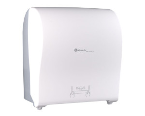 CJB302 Механический диспенсер для бумажных полотенец в рулонах SOLID CUT AUTOMATIC MAXI, АБС-пластик, полностью белая передняя часть - матовая, прозрачная светлая задняя часть - матовая Merida
