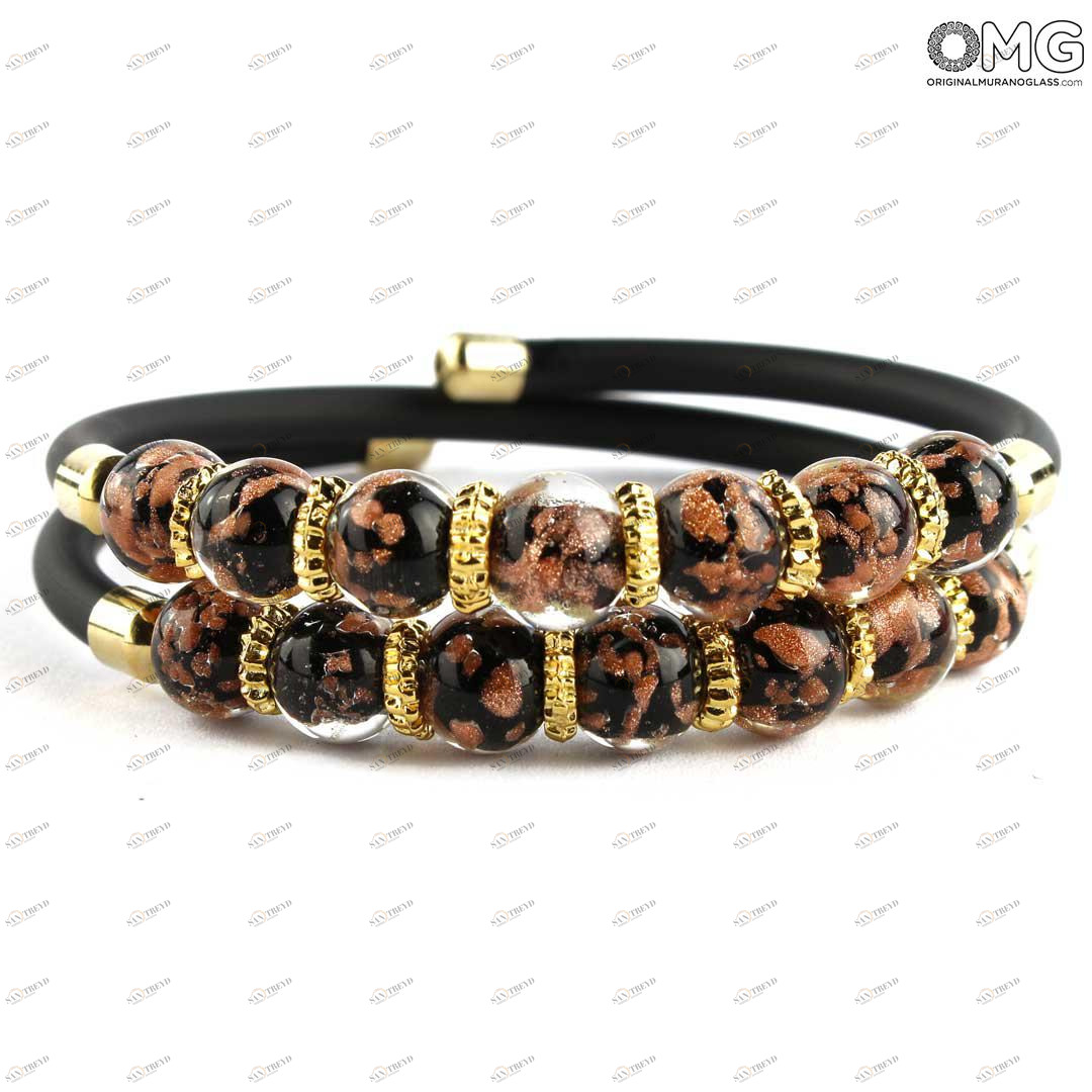 3689 ORIGINALMURANOGLASS Двойной Браслет Серена - чёрный с авантюрином - муранское стекло OMG 18 см 