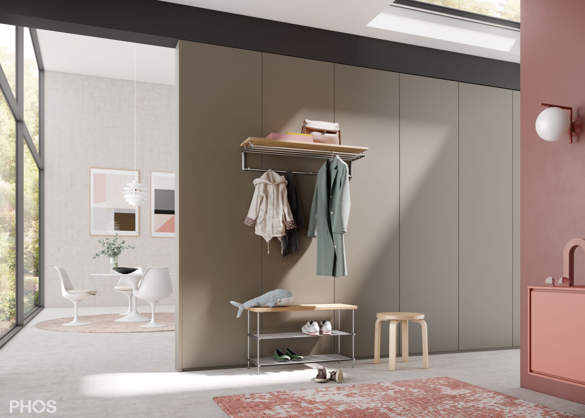 G17-1000-Eiche Навесной шкаф g17 с 4 платяными штангами, 6 крючками и деревянной полкой из массива дуба - ширина 105 см PHOS  - Вид №1