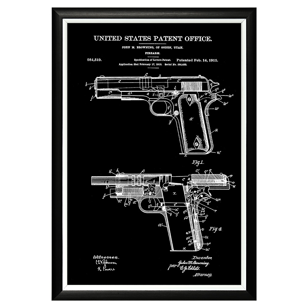 896521250_1818 Арт-постер «Патент Джона Браунинга на пистолет, 1911» Object Desire 