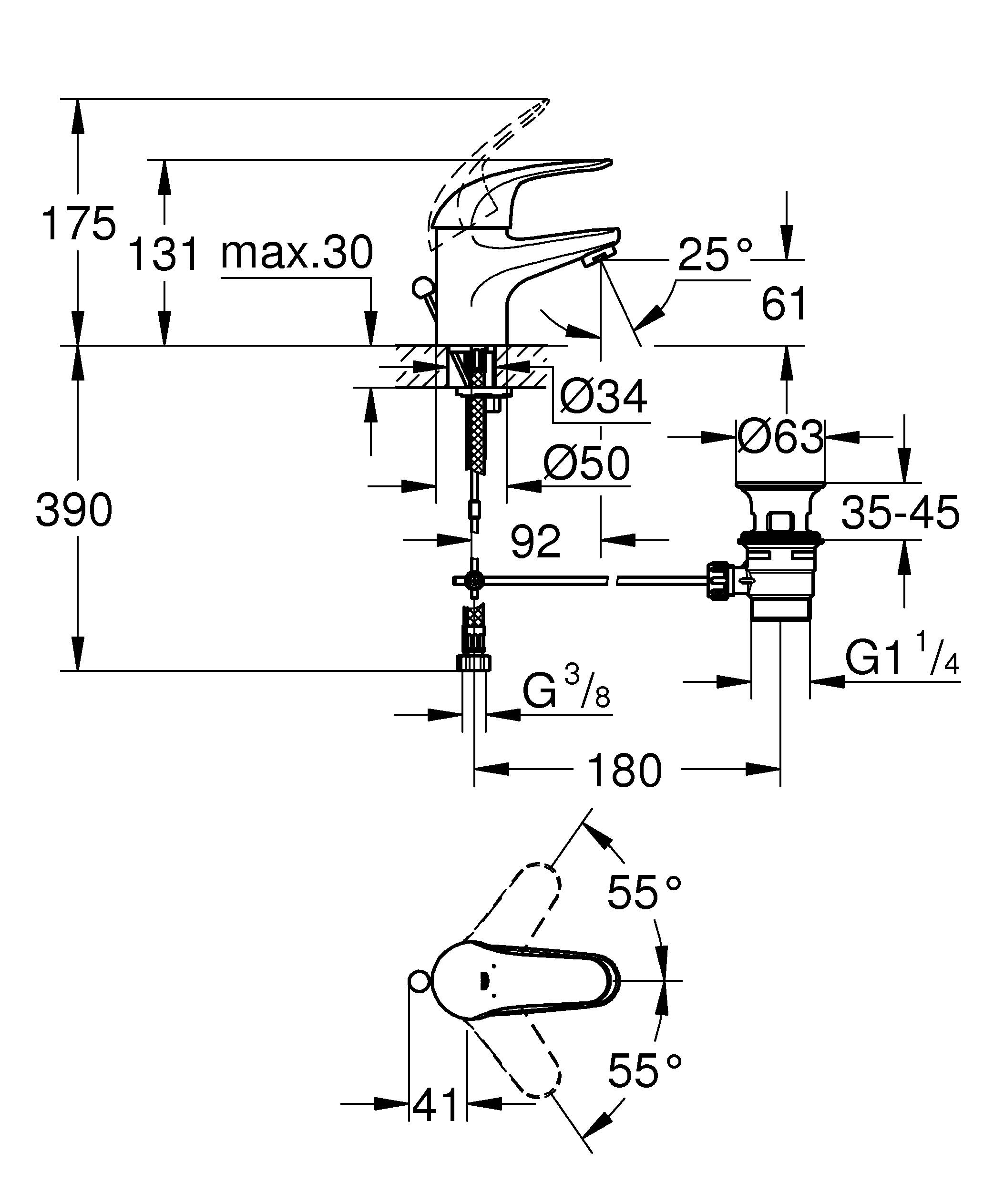 Смеситель для раковины GROHE Start Eco с донным клапаном (23264000) - Вид №1