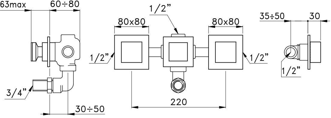 RUBINETTERIE STELLA Настенный комплект для ванны на 3 отверстия Bamboo quadro sun-id-1434597 - Вид №1