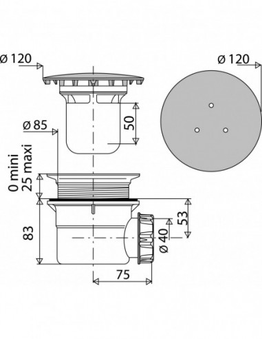 568000 000 00  Душевой желоб Д. 90 мм, круглая металлическая крышка, выход горизонтальный, уплотнение Autofix, NF, хром. Valentin Хром  - Вид №3