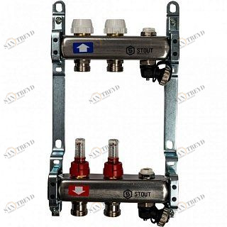 Коллектор из нерж. стали на 2 вых. с расходомерами, сливом и клапаном STOUT SMS0927000002