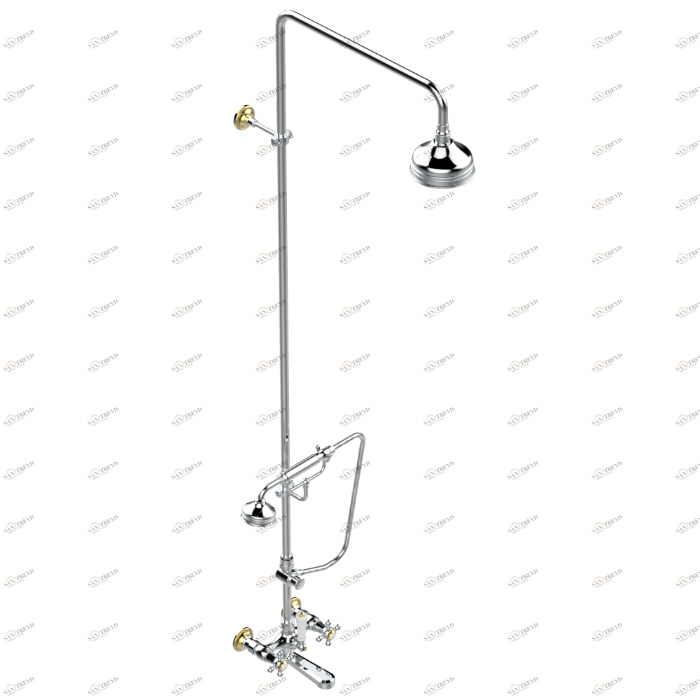 G29-13BCD Смеситель настенный для ванны/душа 1/2" с расстоянием между вентилями 150 мм (+ или - 22 мм), с душевой колонной с переключателем, настенной скобой, ручным душем, шлангом 1.5 м, держателем на стержне и 120 мм верхним душем Thg-paris Charleston Х G29 13BCD CAT.A