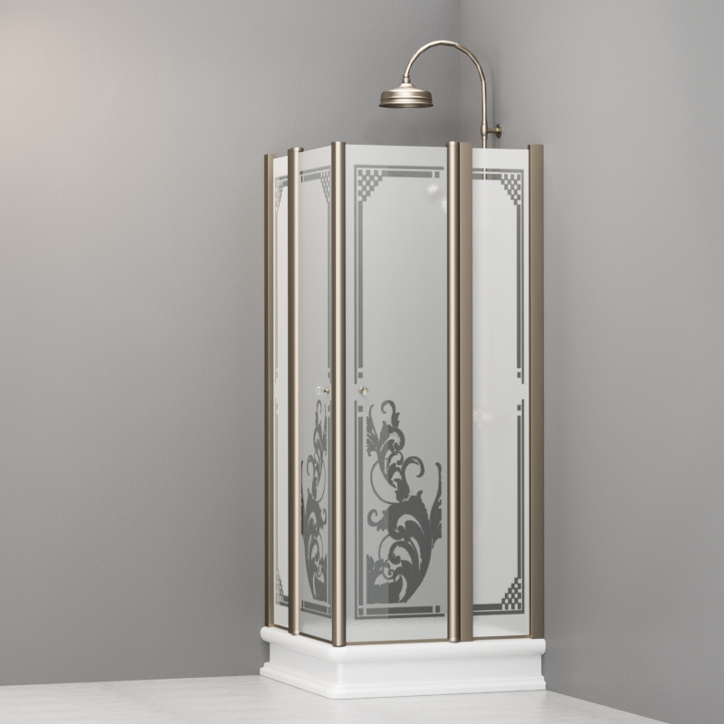 9159P3 Душевая кабинаDX/SX с двумя распашными дверьми и неподвижными элементами для душевого поддона квадрат 80x80, цвет Бронзовый Kerasan RETRO Италия 