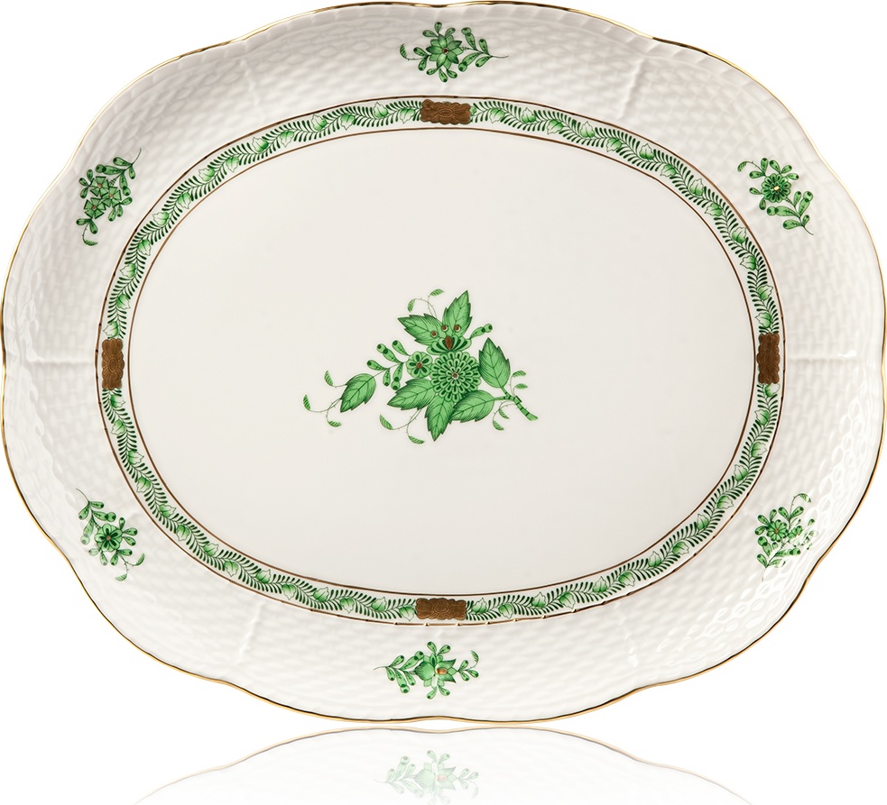 10599146 Herend Блюдо овальное на ножках 31,5см "Аппони, зеленый декор" Фарфор 