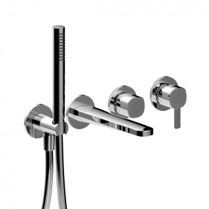 M120B+R021A  Встраиваемый смеситель для ваннывылет 15 см ручка переключатель на 2 потока с поворотной кнопкой ручная лейка FIT шланговое подсоединение с держателем для ручной лейки гибкий шланг 150 см ПВХ впуски 1/2'' Fantini Rubinetti LAMÉ