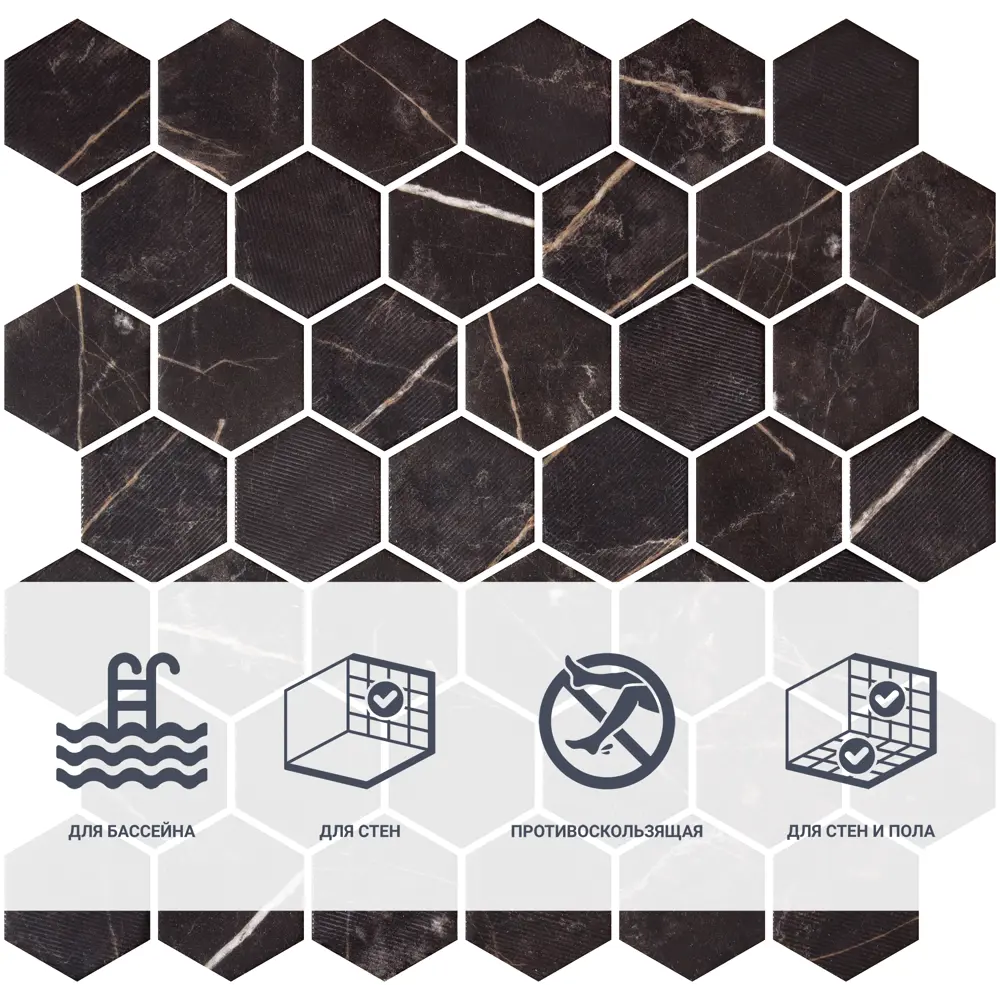 Мозаика Hexag Marble Coimbra стекломасса 28.4x4.9 см цвет черный 83681529 STLM-2106362 Santreyd Мозаика Onix - Вид №1