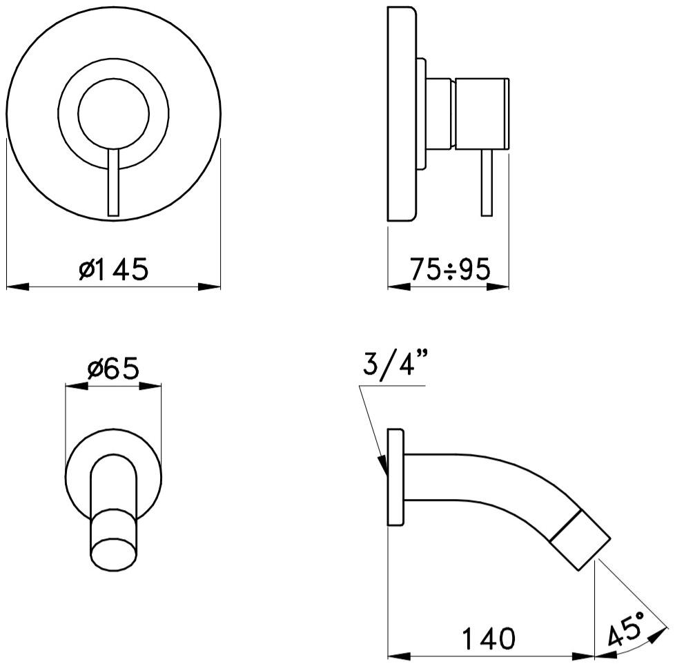 RUBINETTERIE STELLA Смеситель для ванны настенный на 2 отверстия Lucilla Ll01412cr00 - Вид №2