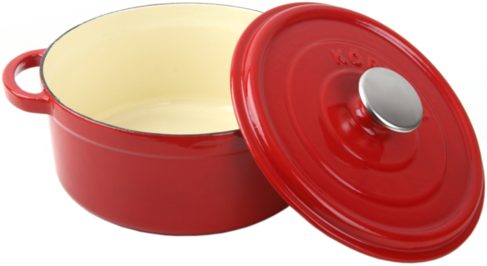 K 1224 R Набор посуды / чугунная кастрюля с внутренним керамическим покрытием и крышкой: 100% чугун, высокопрочная внутренняя керамическая эмаль бежевого цвета, свод крышки, поддерживающий необходимый уровень влажности внутри кастрюли, быстрый и равномерн Santreyd 