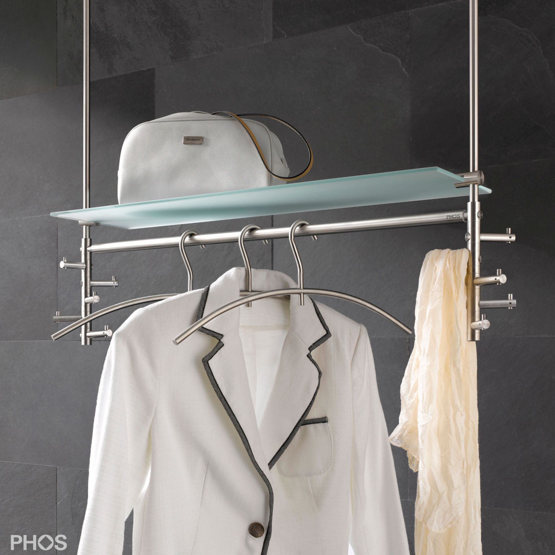 T5DG Подвесной шкаф с платяной штангой, 10 вращающимися крючками и стеклянной полкой PHOS 