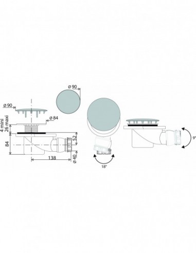 577100 000 00  Сифон для душевого поддона Д. 60 мм, круглая металлическая крышка, выход горизонтальный, очень высокий поток, NF, хромированный Valentin Хром  - Вид №2