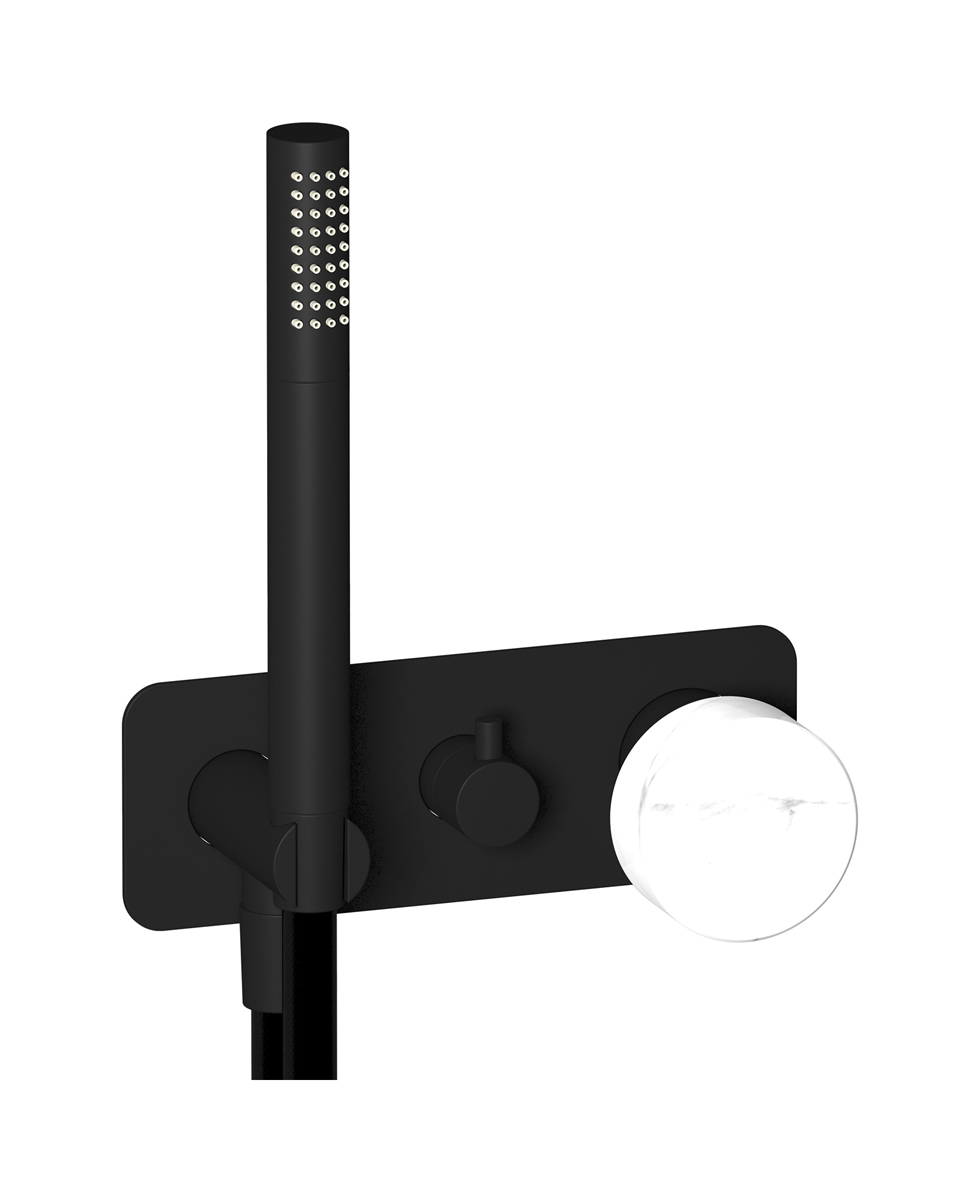 Внешние части встроенного в стену смесителя на 3 потребителя в комплекте с душевым гарнитуром. WE ARE IB mr314np_1 Matt Black Marmo