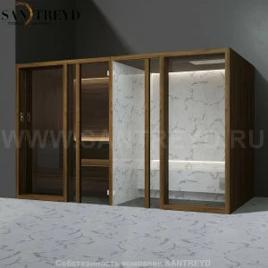 Effegibi YOKU.G SH YO.30310003 Комбинированная баня: хаммам и сауна. Установка: в левый угол. Мощность: 10,5 кВт макс. Размеры: длина 342 см, ширина 170 см. Отделка: чёрный орех и светлый керамогранит