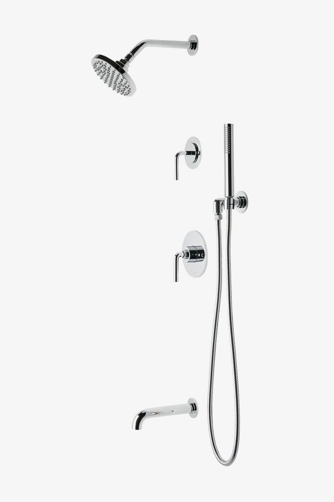 FLSP18 Комплект для душа Flyte с балансировкой давления с 6-дюймовой лейкой для дождя, ручным душем, изливом ванны и рукояткой с переключателем Waterworks 