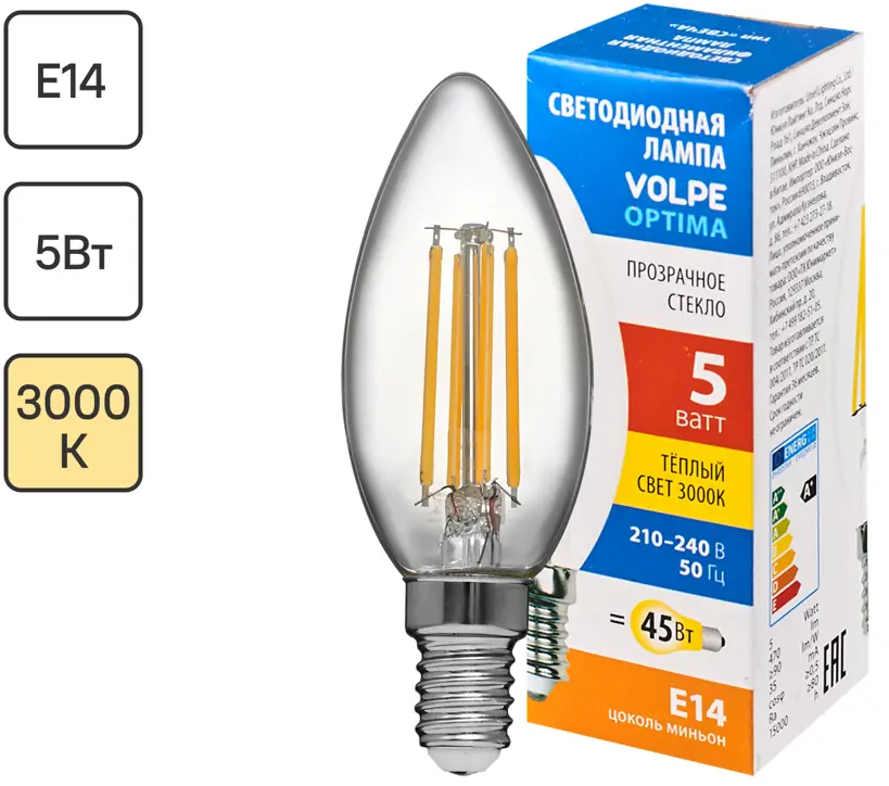 Светодиодная лампа Volpe LEDF в форме свечи с тёплым светом 89819529