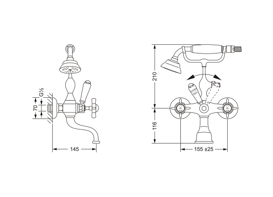 Смеситель для ванны с душевым гарнитуром ½“, настенный монтаж JOERGER Serie 1909 629.20.100.000 - Вид №1