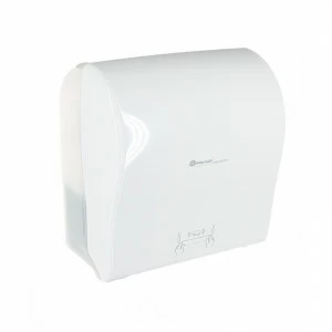 CJB304 Механический диспенсер для бумажных полотенец в рулонах SOLID CUT AUTOMATIC MAXI, АБС-пластик, полностью белая лицевая сторона - глянцевая, прозрачная светлая задняя - глянцевая Merida