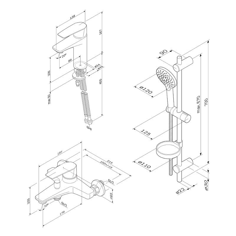 F40990A00 набор 3в1: см-ль д/умывальника см-ль д/ванны/душа душевой комплект шт. AM.PM Gem - Вид №2
