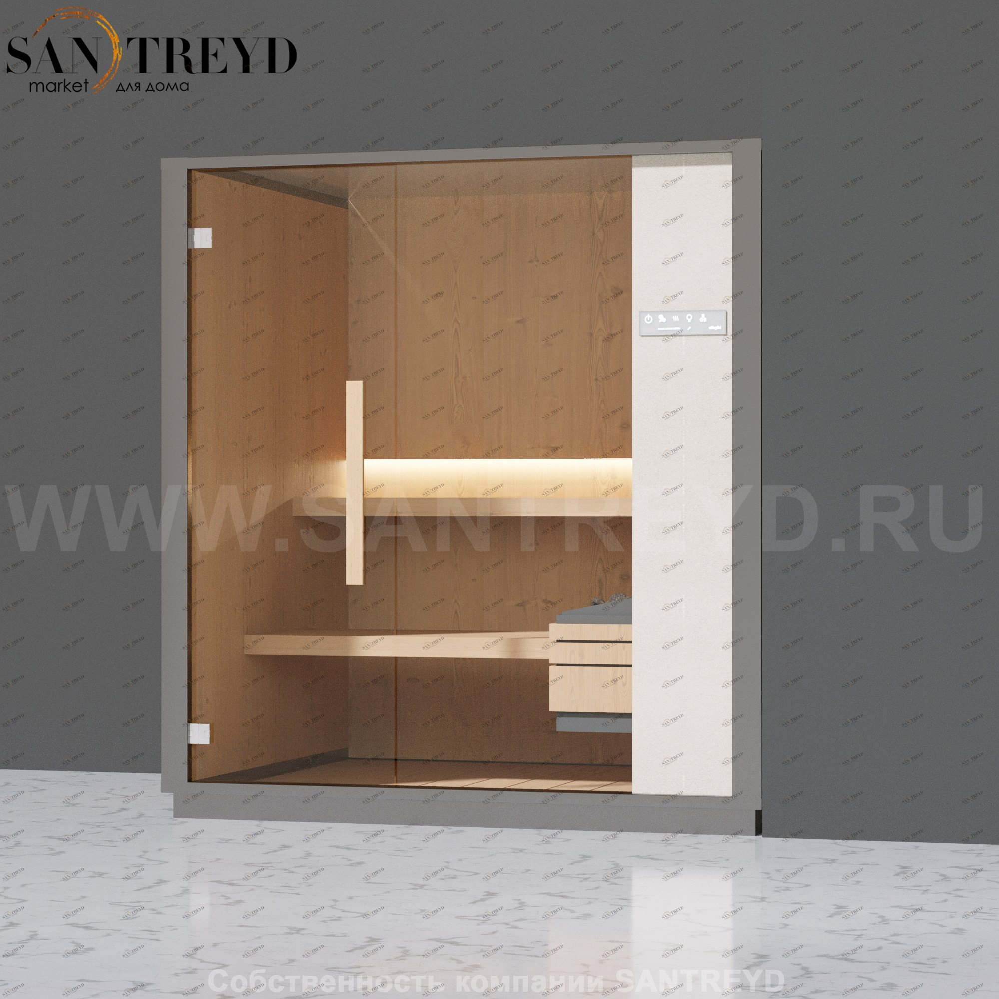 Effegibi ONE S LO50010007 Сауна. Установка: в правый угол. Правая дверь. Мощность: 6 кВт макс. Размеры: длина 214 см, ширина 171 см. Отделка: канадский хемлок, матовый лакированный серый аллюминий и бежевый ламинат из керамогранита.