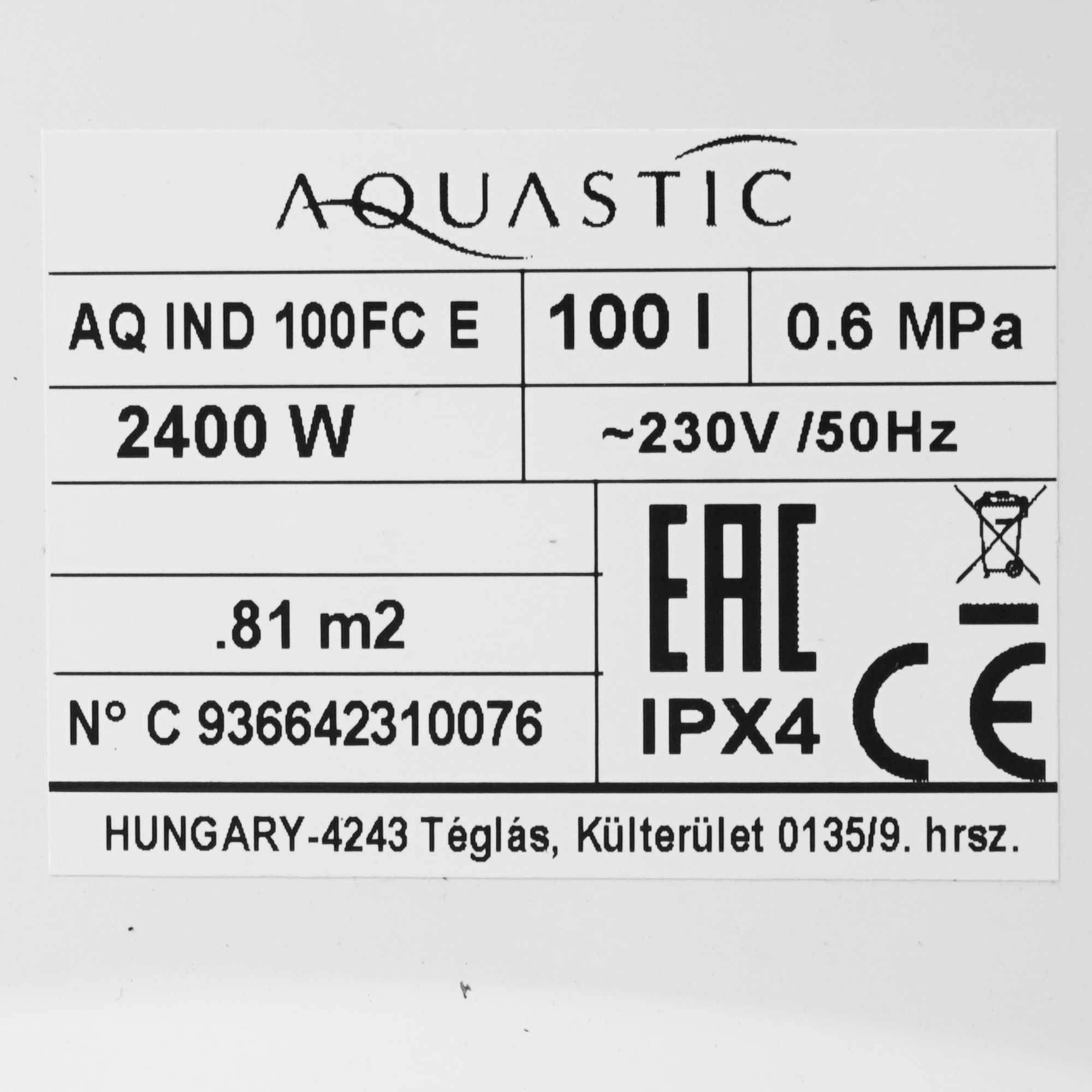 9909075 Бойлер косвенного нагрева HAJDU AQ IND 100FC E STDN-0110886 - Вид №4