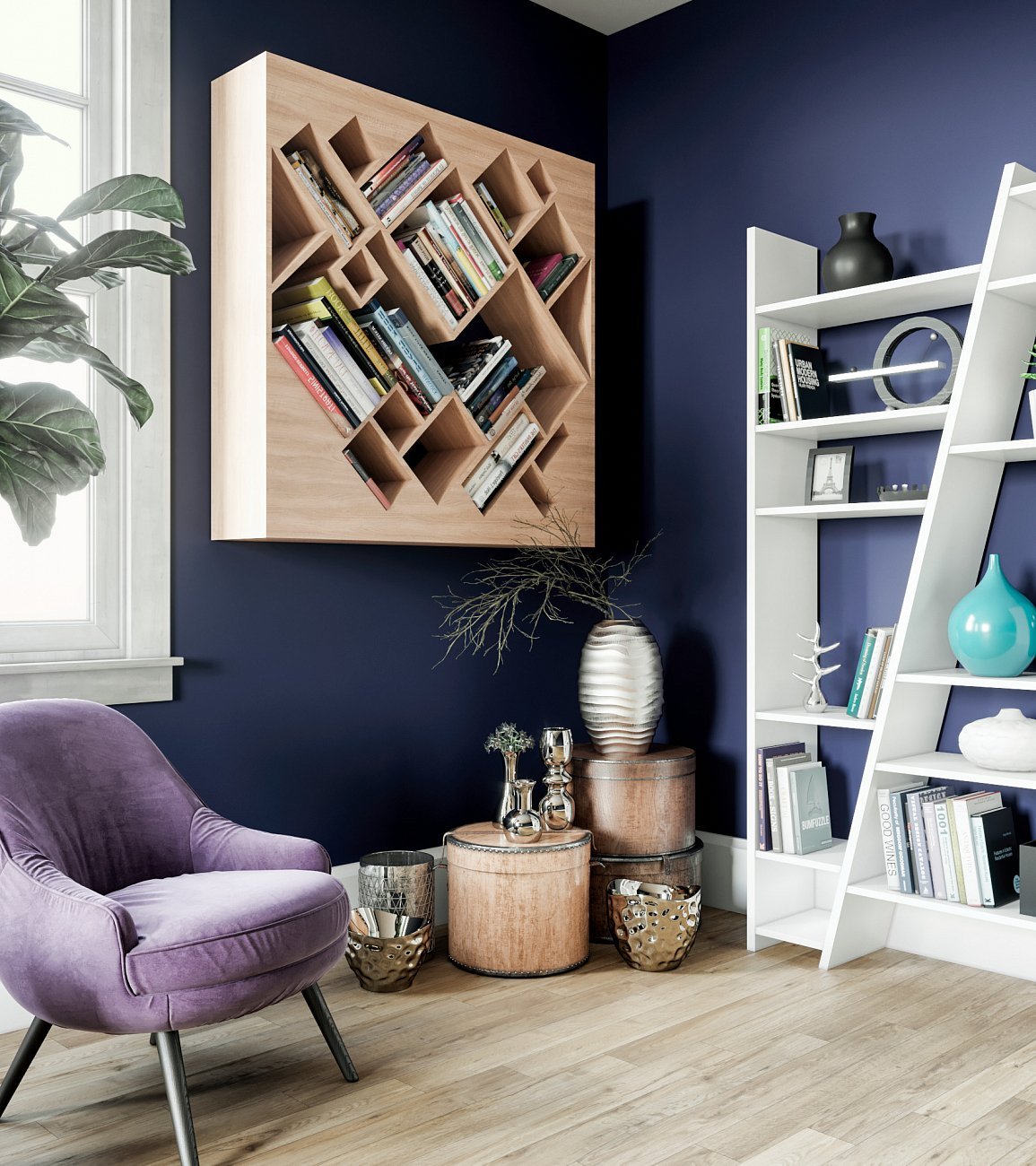 Стеллаж деревянный для книг дуб "Геометрия" от Odingeniy ODINGENIY ГЕОМЕТРИЯ 178299 Бежевый  - Вид №1