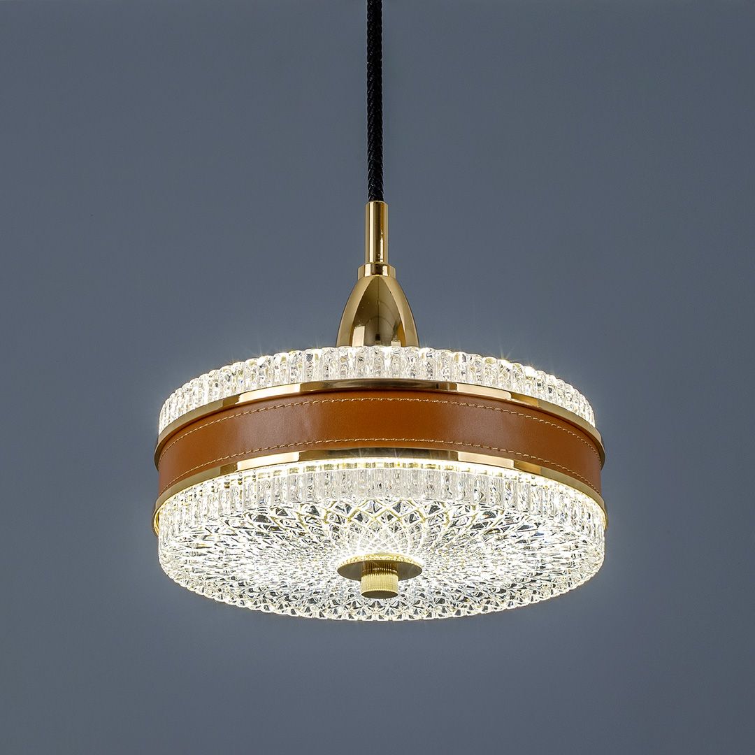 Люстра подвесная хрустальная с кожаными элементами D 22 см прозрачная Frezia Light 120135 FREZIA LIGHT ДИЗАЙНЕРСКИЕ 00-3953646 Золото;коричневый;прозрачный  - Вид №1