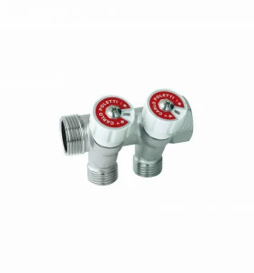 Carlo Poletti C52200QBI35 Коллектор сборный, с регулировочным клапаном. Ручка белая с идентификационными пластинками красный/синий. 2 ответвления, межосевое расстояние 35 мм.