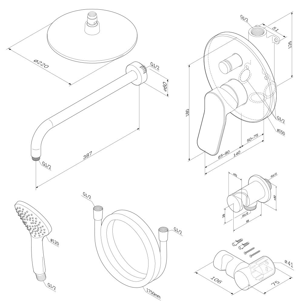 FB85A1RH02 набор: см-ль д/в/душа верхний душ 220 мм держатель д/верхн.душа душ.набор (ручн AM.PM X-Joy  - Вид №8