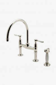 EAKM33 Смеситель для кухни с гусиной шеей Easton Classic с двумя отверстиями, рычажными ручками из белого фарфора и распылителем Waterworks