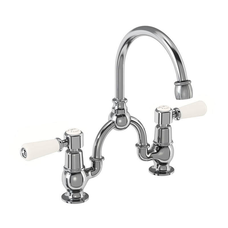 Burlington Смеситель Kensington с двумя отверстиями в форме арки с изогнутым носиком (центры 200 мм) Четверть оборота с белым акцентом KE27-QT  - Вид №3